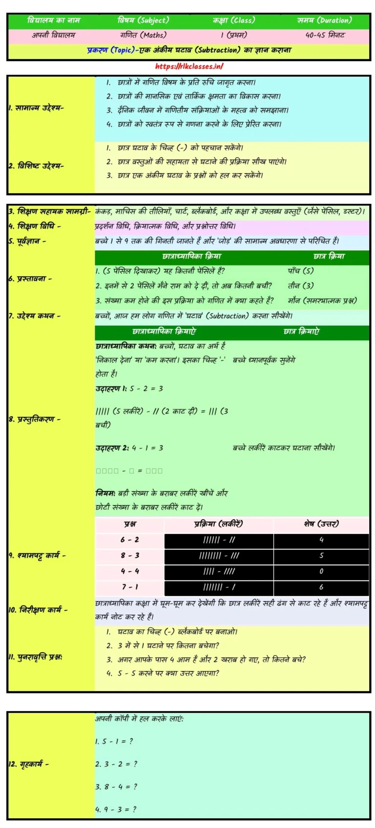 Best Lesson Plan Class 1 Maths In Hindi Pdf Download(1 To 5)